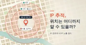 도시 지도 위 IP 주소 핀을 중심으로 동심원이 그려져 국가와 지역·통신사까지는 확인되지만 이름과 집 주소는 흐릿하게 가려져 알 수 없음을 보여 주는 "IP 추적, 위치는 어디까지 알 수 있을까?" 제목의 일러스트
